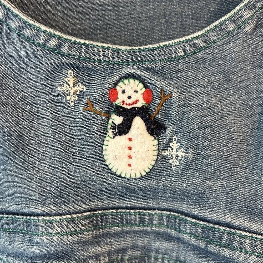 Hartstrings‎ Baby Denim Overalls Snowman Embroidery Ruffle Trim Blue 12M